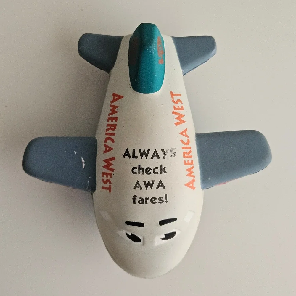 Vintage‎ America West Airlines Airplane Foam Stress Promo Toy White AWA Fares
